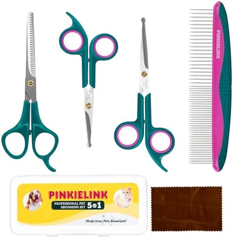 Professional 5 in 1 Pet Grooming Kit - Stainless Steel Dog & Cat Grooming Scissors with Rounded Tip Blades for Safe Fur Trimming, Thinning Shears, Straight Scissors, and Pet Comb (Green 5 in 1)