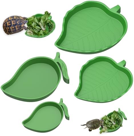 Pawfly 4 Pcs Reptile Water Bowl, Tortoise Water Dish, Food & Water Feeder, Cute Leaf & Mango Feeding Dish, Tortoise Habitat Accessories for Turtle, Gecko, Bearded Dragon & Lizard, 2 Styles