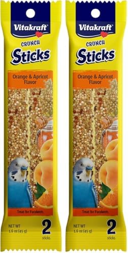 Vitakraft Crunch Sticks Parakeet Treat – 2 Sticks in Orange and Apricot Flavor – Triple Baked with Natural Wood Center – Added Vitamins and Minerals with Cage Clip Holder for Long-Lasting Enrichment