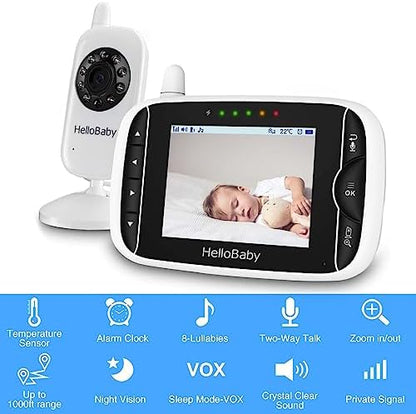 HelloBaby Video Baby Monitor with Camera and Audio, 3.2Inch LCD Display, Infrared Night Vision, Two-Way Audio and Room Temperature Monitoring,Lullaby,Sound Activated Screen