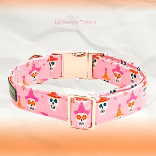 Elegant little tail Halloween Dog Collar, Ghosts Print Pumpkin Pet Collars with Flower Puppy Collar Flower Female or Male Cotton Adjustable Collars for Small Medium Large Dogs
