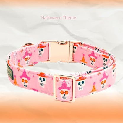 Elegant little tail Halloween Dog Collar, Ghosts Print Pumpkin Pet Collars with Flower Puppy Collar Flower Female or Male Cotton Adjustable Collars for Small Medium Large Dogs