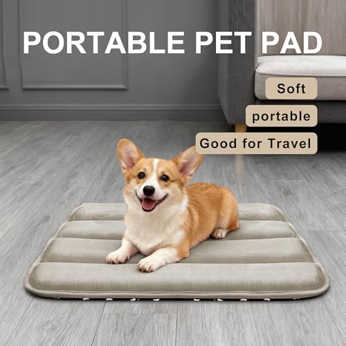 Dog Bed Mat, Reversible Dog Crate Pad with Washable Kennel Mat and Soft Foam, Flat Pet Bed for Dogs & Cats, for Crates Carriers & Travel (Light Brown, 23" L*14" W*1.5" Th)
