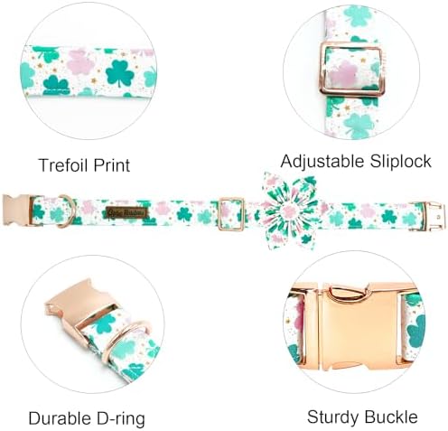 St Patrick's Day Dog Collar with Flower-Cute Trefoil Adjustable Pet Collar Cotton Clovers Puppy Collars Holiday Metal Buckle Collar for X-Small Dogs