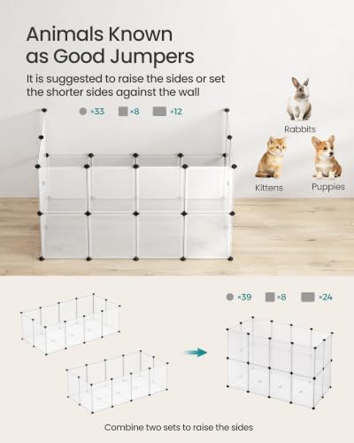 SONGMICS Pet Playpen with Floor, Small Animal Pen, Pet Fence Indoor, DIY Plastic Enclosure for Hamsters, Rabbits, Hedgehogs, Ferrets, 56.3 x 28.7 x 18.1 Inches, White ULPC02W