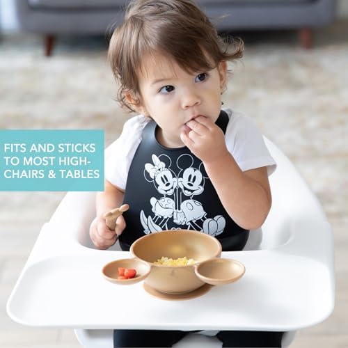 Bumkins Disney Baby Bowl, Silicone Feeding Set with Suction for Baby and Toddler, Includes Spoon, First Feeding Set, Essentials for Baby Led Weaning for Babies Eating 4 Months Up, Minnie Mouse Gold