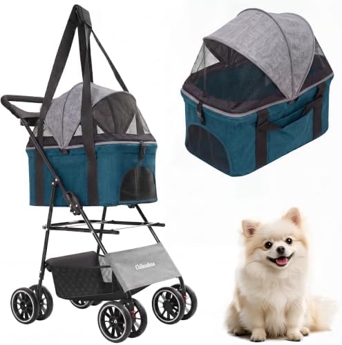 2-in-1 Foldable Pet Stroller 4-Wheel for Small Dogs & Cats,Black+Green