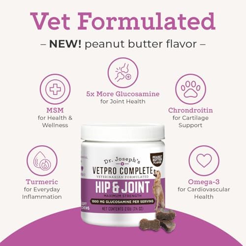 Dr. Joseph's VetPro Complete Dog Hip & Joint Supplement for Arthritis Pain Relief – High-Strength Glucosamine & Chondroitin Chews for Senior Dogs – Vet Formulated, Peanut Butter Flavor, 60 Ct