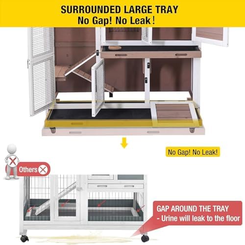 Aivituvin Rabbit Hutch Bunny Cage with Wheels Indoor Outdoor Two Story Guinea Pig Cage with 2 Deep No Leak Tray