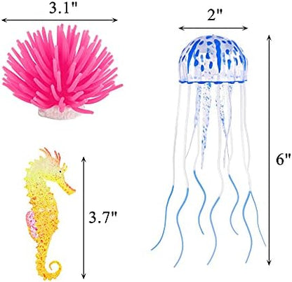 Lpraer 6 Pieces Glow Aquarium Ornaments Artificial Glow Floating Jellyfish Seahorse Anemones Silicone Simulation Fish Tank Decorations for Fish Tank