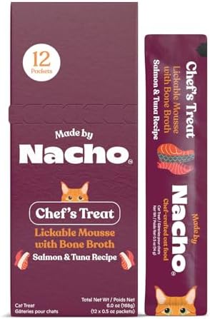 Made by Nacho Lickable Cat Treats Mousse Tubes 12 Count with Bone Broth Salmon & Tuna Recipe (.5 oz) No Grains, Corn, Wheat or Soy