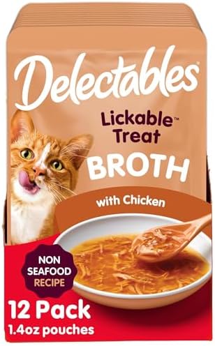 Delectables Lickable Treat Savory Broth Non-Seafood Wet Cat Treat with Real Chicken, Food Topper, Hydrating, Grain-Free, No Fillers, No By-Products, No Added Preservatives, 1.4oz Pouch, 12ct