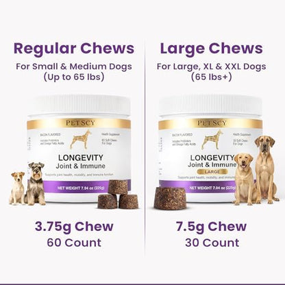 Petscy Longevity Hip & Joint + Immune Support for Dogs - Large (7.5g Chew) - High Dose Glucosamine, MSM, Chondroitin, Green Lipped Mussel, Omega 3, Probiotics - 30 Chews (Large Dogs)