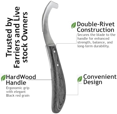 Pro Farrier Grooming Bugs Bot Knife– Stainless Steel Blade, Wooden Handle, Multi-Purpose Mane and Coat Cleaning Tool for Horses, Goats, and Cattle (Black)