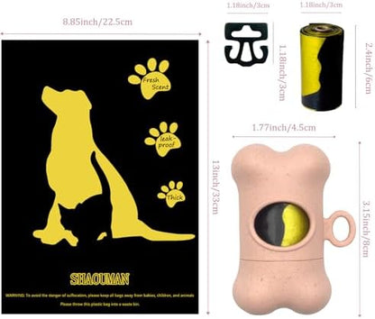 Bone-Shaped Dog Poop Bag Holder for Leash |Dispenser with 30 Leak-Resistant Waste Bags & Carabiner Clip (2 Pack Pink)