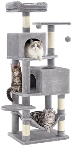 SONGMICS HOME Cat Tree for Indoor Cats, Multi-Level Cat Tower with Sisal Scratching Posts, Hammock and Condo, Light Gray
