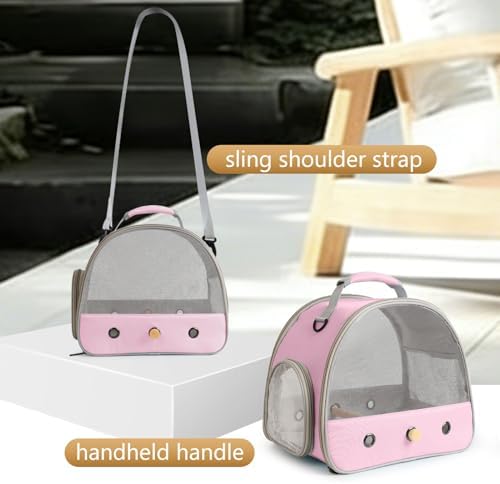 Bird Carrier, Portable Small Bird Parrot Parakeet Carrier with Standing Perch and Soft Mat, Side Access Window Collapsible (Pink, Mesh Windows)