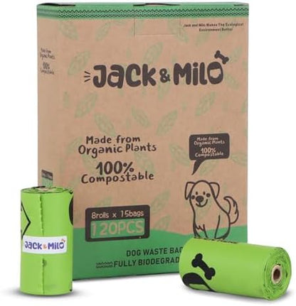 Jack & Milo Dog Waste Bags Environmentally Friendly - Reusable Bag Container - Leak Proof Dog Poop Bag - Extra Thick and Sturdy - 8 Rolls x 15 Bags