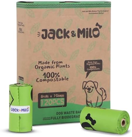 Jack & Milo Dog Waste Bags Environmentally Friendly - Reusable Bag Container - Leak Proof Dog Poop Bag - Extra Thick and Sturdy - 8 Rolls x 15 Bags