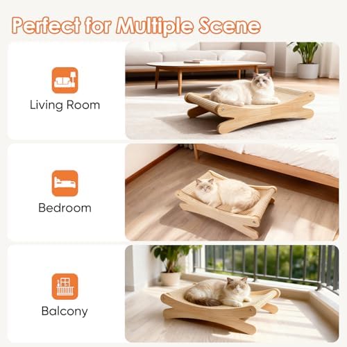 Natural Sisal Cat Scratcher Bed with Hammock – Solid Wood Furniture Style, Extra Large Cat Lounger & Scratch Pad for Indoor Cats, Protects Furniture
