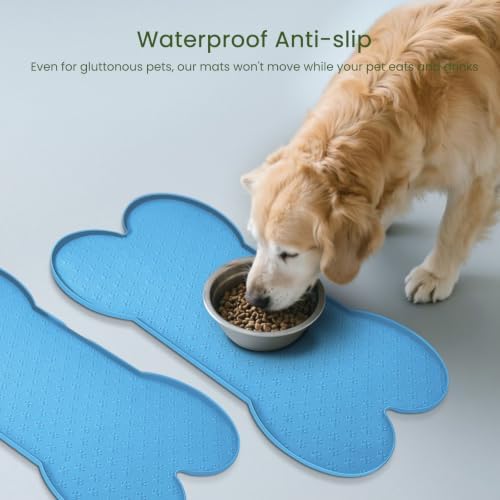 PWTAA Dog Food Mat Anti-Slip Silicone Dog Bowl Mat Thicker Pet Placemat Waterproof Cat Feeder Pad with Raised Edge Puppy Kitten Feeding Mats Suitable Small Medium-Sized Dogs Cats Eating Tray - 2PCS