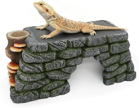 3 in 1 Bearded Dragon Basking Platform, Reptile Habitat Cave Hideout with Food Bowl, Aquarium & Terrarium Decor Accessories for Lizard Snake Gecko Turtle