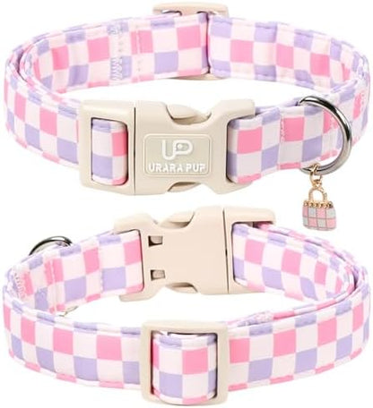 Cute Plaid Cotton Dog Collar, Pink Purple Checkered Dog Collar, Soft Adjustable Puppy Collars with Charm & Quick Release Buckle for Small Medium Large Dogs