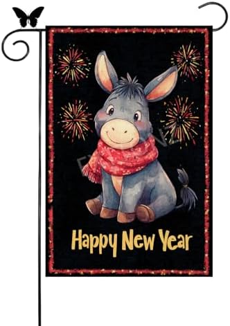 Happy New Year Garden Flag 12x18 Double Sided Vertical Linen Small Fireworks Donkey House Flag Welcome Holiday Winter House Outdoor Outside Decorations (27181)