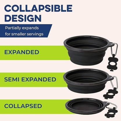 Bonza Collapsible Dog Bowls - 2 Pack, Small 12 oz, Dog Travel Accessories, Silicone Portable Dogs Bowl & Water Dish with Reinforced Rim & Carabiner for Hiking, Camping, and Car Trips, Black