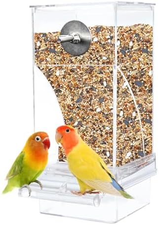 kathson No-Mess Bird Feeder Parrot Integrated Automatic Feeder Seed Food Container Acrylic Finch Foraging Feeders with Perch Cage Accessories for Small Birds Parakeet Canary Cockatiel Lovebirds
