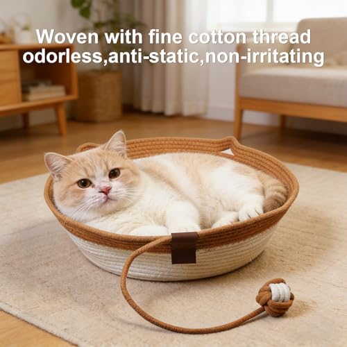 Instinct Basket,Stimulicat Cat Bed,Stimulicat Cat Bed Rope Cotton with Cushion,Eliminates Bed Rejection Round Pet Basket,Boho Catbed for Cats Handwoven Scratchable Breathable Weave (White, Large)