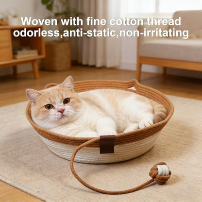 Instinct Basket,Stimulicat Cat Bed,Stimulicat Cat Bed Rope Cotton with Cushion,Eliminates Bed Rejection Round Pet Basket,Boho Catbed for Cats Handwoven Scratchable Breathable Weave (White, Large)