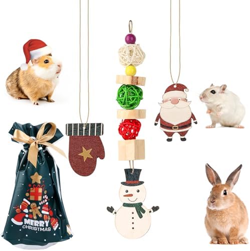 Abizoo Christmas Guinea Pig Chew Toys, Rabbit Chew Toys Hamster Bunny Treats Wood for Chinchilla, Hanging Christmas Themed Decor Cage Accessories for Small Animals pet Teeth Enrichment Gifts