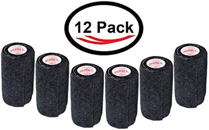 3 Inch Self Adhesive Bandage Wrap - Self-Sticking Vet Wrap - Black, 12 Pack