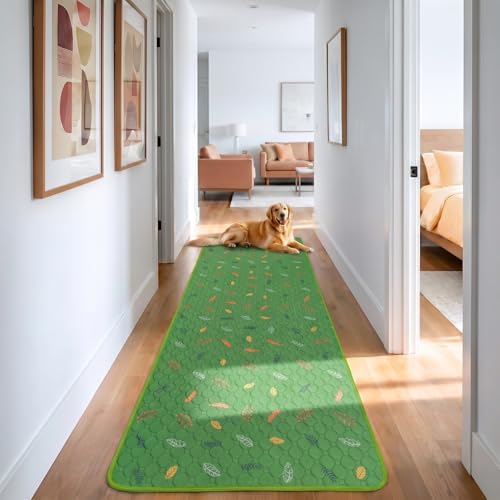 Sunheir Washable Pee Pads for Dogs Large 24" x 72" 2-Pack Reusable Puppy Pads Pet Training Pads, Absorb Dog Mats, Whelping Pad, Non-Slip Protects Against Urine Leakage, Runner Rug (Leaves - Green)