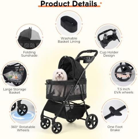 Dog Stroller for Small Dogs - 3 in 1 Pet Stroller with Detachable Pet Carrier, Pet Stroller with One-Click Folding and Omnidirectional Steering