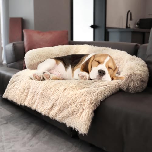 Calming Dogs/Cats Bed Mats, Dog Pad Washable Removable Couch Cover, Plush Long Fur Mat for Pets, Waterproof, Perfect for Small, Medium and Large Dogs and Cats (Beige, 36"x31"x 5.0")
