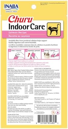 INABA Churu Indoor Care for Hairball Control, Functional Lickable Cat Treat with Taurine & Green Tea Extract, 0.5oz Each, 24 Tubes Total, Salmon Recipe