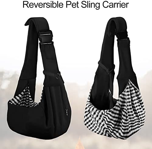 PETLOFT Reversible Dog Cat Sling Carrier, Small Dog Carrier, Adjustable Dog Sling, Hands Free Cross Body Carrier with Collar Hook for Dog/Cat/Bunny up to 11lb, Black