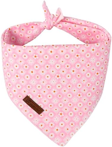 Summer Dog Bandana, UP URARA PUP Daisy Triangle Bid Scarf for Medium Large Dogs, Cotton Kerchief for Girl Boy Puppies, Cute Spring Pink Grid Bandana,S