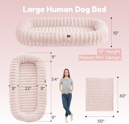 ChiXnuggle Orthopedic Human Dog Bed,Striped Faux Fur Washable Cover,Blanket