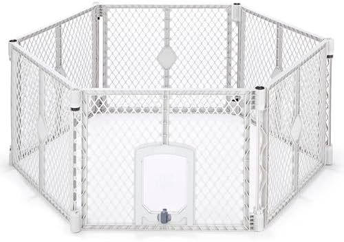 MyPet Petyard Passage: 5.5 Ft. Wide Customizable Folding Dog Playpen with Passage Flap-Door for Indoor/Outdoor. Made in USA. 6-Panel Puppy Playpen. Freestanding Play Pen Dog Gate 26" Tall, Light Gray