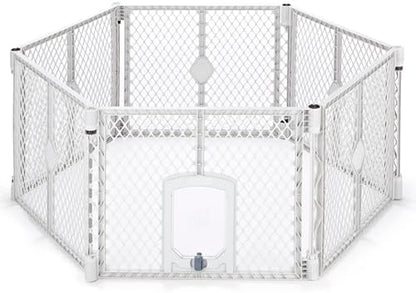 MyPet Petyard Passage: 5.5 Ft. Wide Customizable Folding Dog Playpen with Passage Flap-Door for Indoor/Outdoor. Made in USA. 6-Panel Puppy Playpen. Freestanding Play Pen Dog Gate 26" Tall, Light Gray