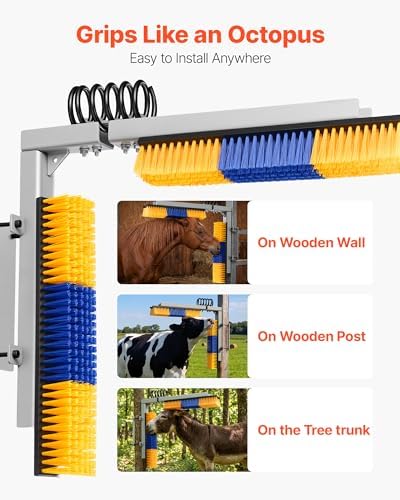 VEVOR Livestock Scratching Brush, 4PCS Goat Scratcher Brush Post with 16 Screws, 16.9"x3.9" Cow Scratcher for Back Itch Relief, Massage Grooming Scratch Tool for Horse Cattle Sheep Pig, Yellow & Blue