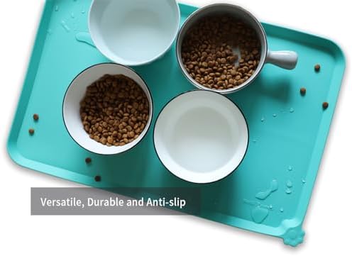 Hoki Found L Silicone Non Slip Pet Food Mats - Cat & Dog Bowl Placemats - Waterproof Feeding Mats for Carpet - Cool Mint