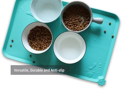 Hoki Found L Silicone Non Slip Pet Food Mats - Cat & Dog Bowl Placemats - Waterproof Feeding Mats for Carpet - Cool Mint