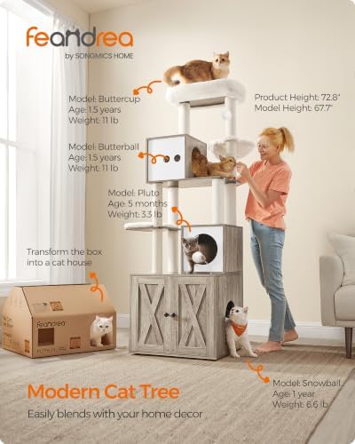 Feandrea Cat Tree with Litter Box Enclosure, 70.1-Inch Tall Cat Tower
