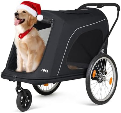 R8 Extra Large Foldable Pet Stroller, Dog Stroller & Pet Trailer for Large Dogs Under 100 lbs, Unmovable, Disabled & Pregnant Dogs - Conveniently Carriable by Bike and Car, Black