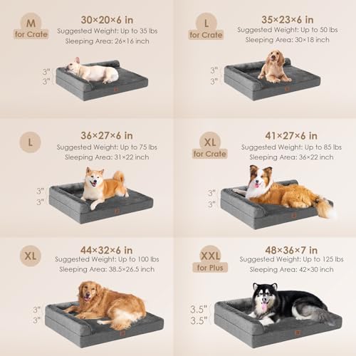 EHEYCIGA Large Dog Bed Memory Foam for Crate, Orthopedic Dog Bed Large Size Dogs with Washable Removable Cover, Waterproof Pet Sofa Couch with Nonskid Bottom, 35x22x6, Dark Grey