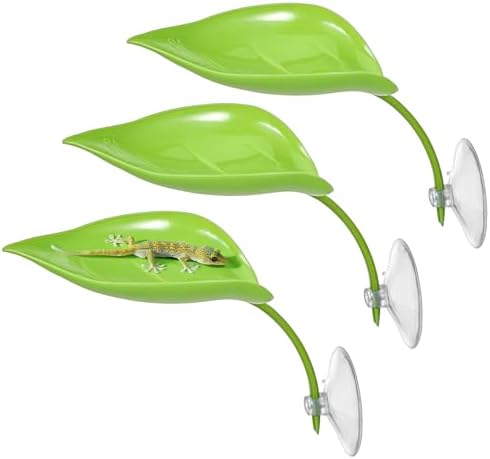 3 Pcs Crested Gecko Tank Accessories, Plastic Reptile Leaf Plant Ornament with Suction Cup Wall Climbing Gecko Hide Reptile Hide for Turtle Tank Decorations(Green)